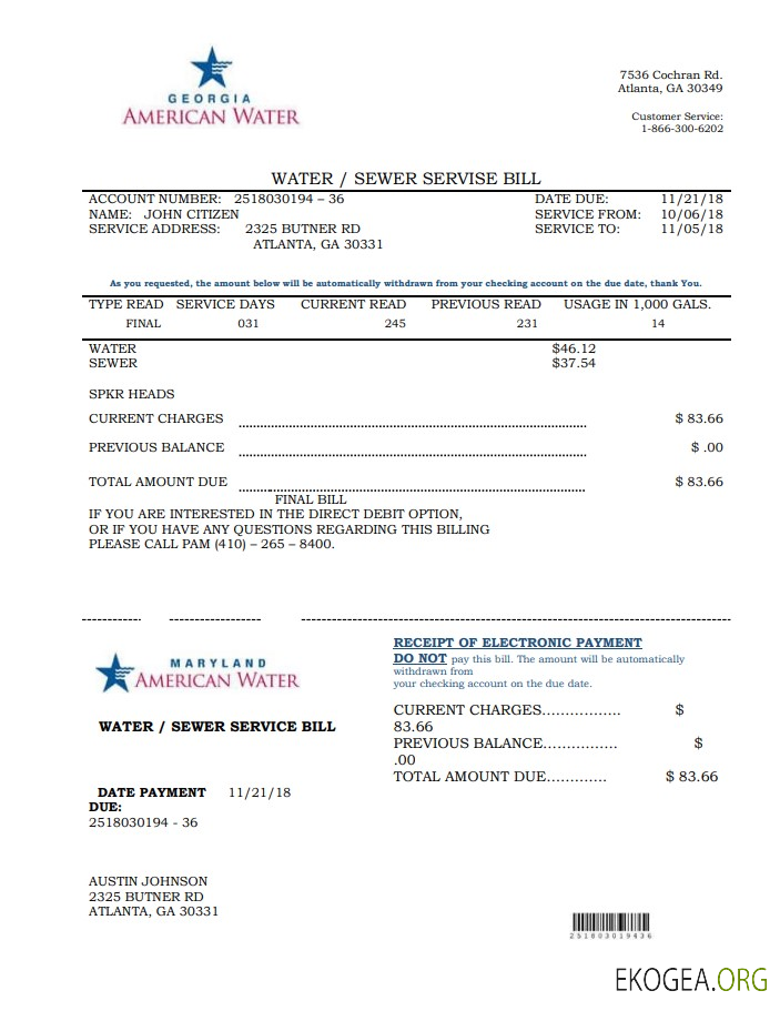USA Maryland Georgia Water utility bill template in Word and PDF format (.doc and .pdf)